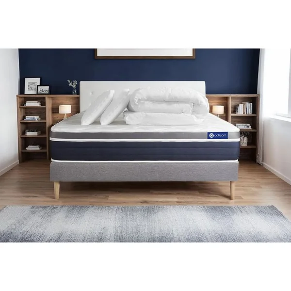 ACTISOM Ensemble Actiflex Confort Matelas Ressorts Ensachés+mémoire De Forme 160x200 + Sommier Kit Gris +2o
