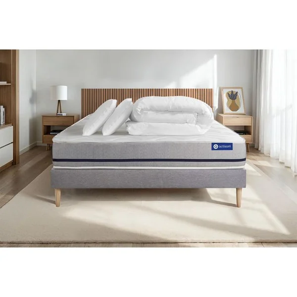 ACTISOM Ensemble Matelas 140x190 Actilatex Soft 3zones De Confort + Sommier Kit Gris + 2 Oreillers + Couett