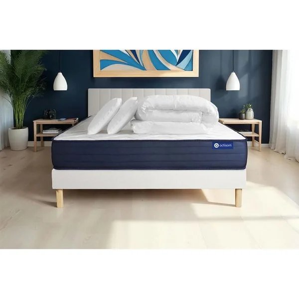 ACTISOM Ensemble Matelas Actiflex Life 160x200 Ressorts Ensachés + Mémoire De Forme + Sommier Kit Blanc +2o