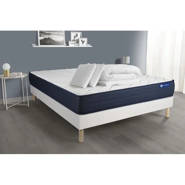 ACTISOM Ensemble Matelas Actiflex Life 160x200 Ressorts Ensachés + Mémoire De Forme + Sommier Kit Blanc +2o