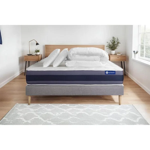 ACTISOM Ensemble Matelas Latex + Mémoire De Forme Actilatex Morpho 200x200 Cm + Sommier Kit Gris + 2 Oreill