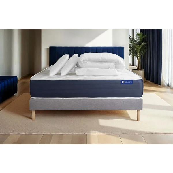 ACTISOM Ensemble Matelas Ressorts Ensachés + Mémoire De Forme Actiflex Sleep 180x200 + Sommier Kit Gris +2o