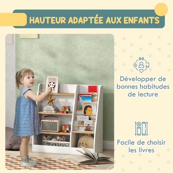 AIYAPLAY Bibliothèque Enfant Style Nordique - 7 étagères, 2 Niches - Blanc Bois Clair