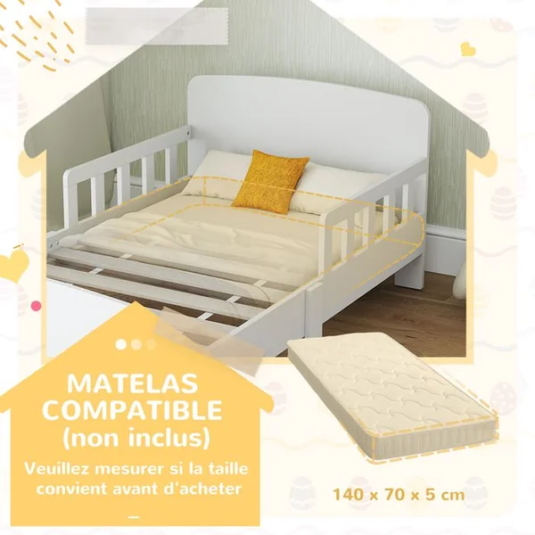 AIYAPLAY Lit Enfant Design Maison - Tête De Lit, Sommier Lattes Inclus - Mdf Blanc 90x190