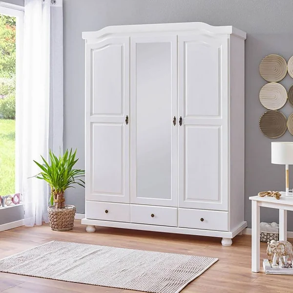 ALTOBUY Armoire 3 Portes Avec Penderie Bois Massif Vernis Blanc - Neder