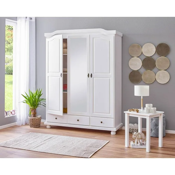 ALTOBUY Armoire 3 Portes Avec Penderie Bois Massif Vernis Blanc - Neder