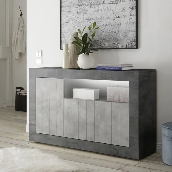 ALTOBUY Buffet 3 Portes 1 Niche Gris Aspect Cimento Et Oxyde - Paolino