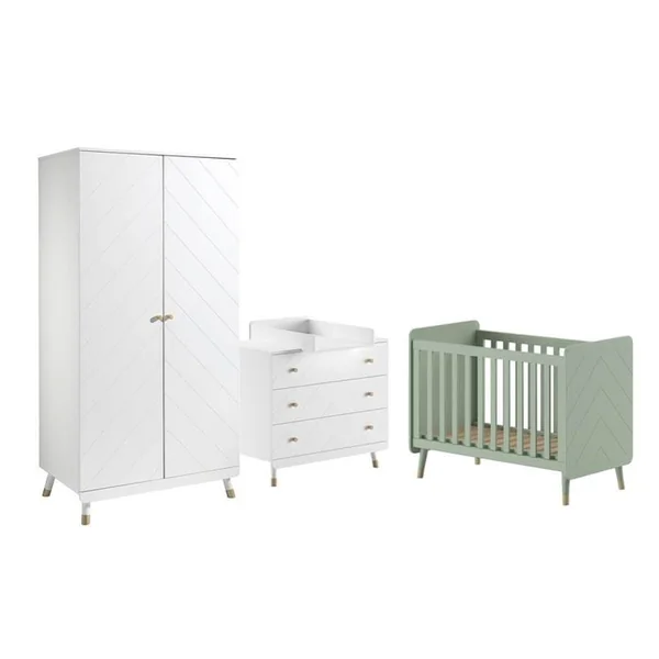 ALTOBUY Chambre Avec Lit Bébé Vert + Table à Langer + Armoire 2 Portes - Tiny White