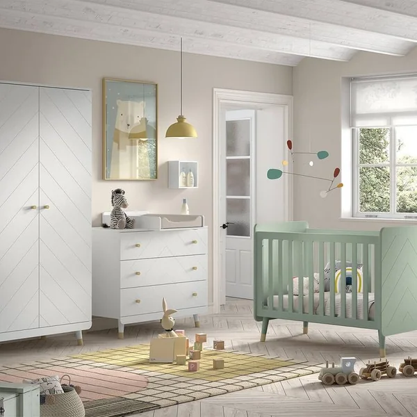 ALTOBUY Chambre Avec Lit Bébé Vert + Table à Langer + Armoire 2 Portes - Tiny White
