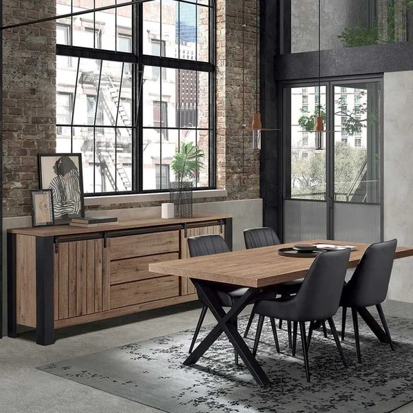 ALTOBUY Ensemble Buffet Et Table 170 Cm Aspect Bois Piètement X Métal Noir - Clodius