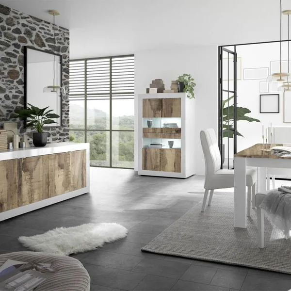 ALTOBUY Ensemble Séjour Avec Buffet 4 Portes Blanc Laqué Et Aspect Bois Antik - Otello