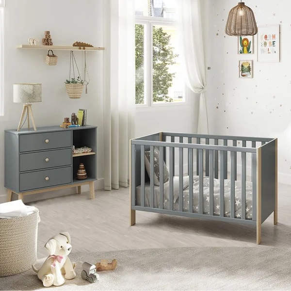 ALTOBUY Pack Lit Bébé 60x120cm + Commode 3 Tiroirs Coloris Gris Et Naturel - Kaina