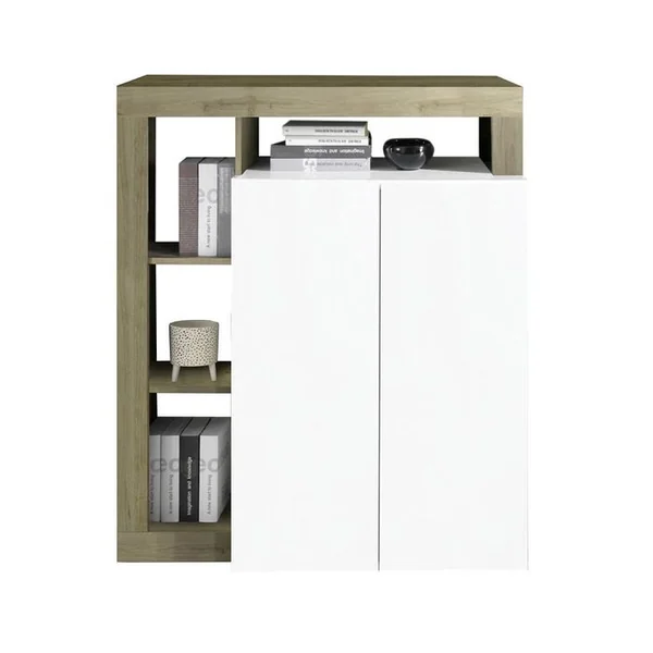 ALTOBUY Séjour Complet Table + Buffet 4p Blanc Laqué Niches Aspect Bois Cadiz - Arturo