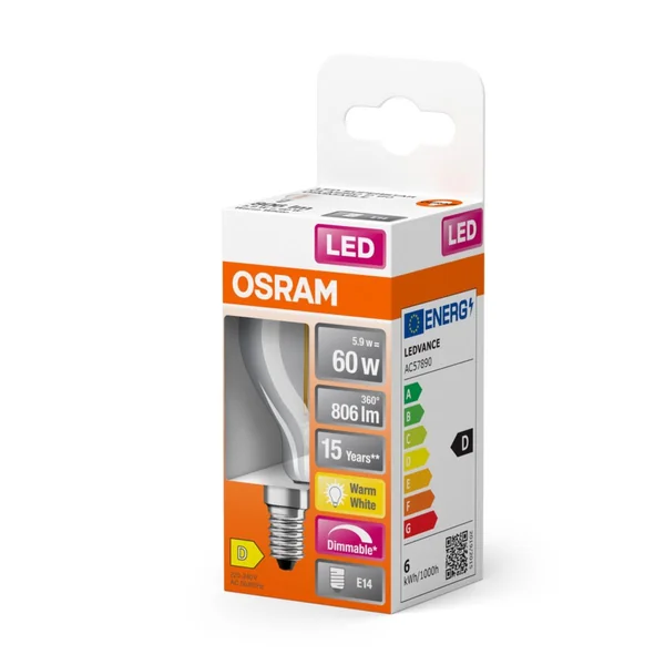 Ampoule LED sphérique E14 clair 6.5W Equivalence Halo 60W 2700K Dimmable - Ledvance