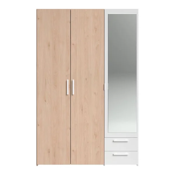 Armoire 3 portes 2 tiroirs avec miroir L.120 cm DAILY imitation chêne et blanc