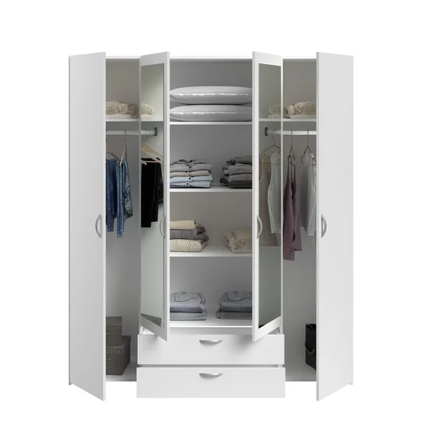 Armoire 4 portes 2 tiroirs L. 160 cm avec miroir DAILY blanc