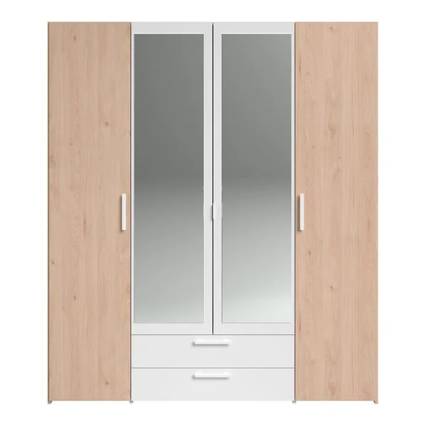 Armoire 4 portes 2 tiroirs L. 160 cm avec miroir DAILY imitation chêne et blanc