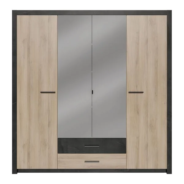 Armoire 4 portes avec miroir L. 200 cm COLO imitation chêne et noir
