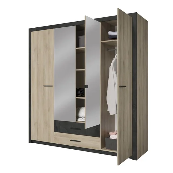 Armoire 4 portes avec miroir L. 200 cm COLO imitation chêne et noir