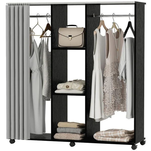 Armoire Penderie Mobile Sur Roulettes 2 Tringles 2 étagères Rideau