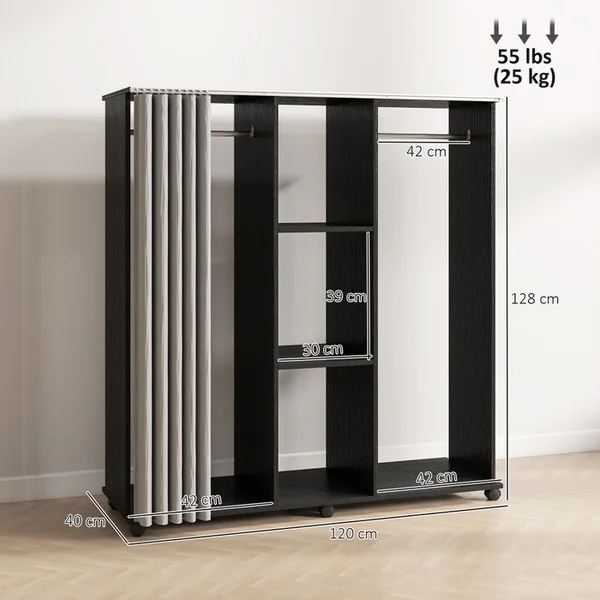 Armoire Penderie Mobile Sur Roulettes 2 Tringles 2 étagères Rideau