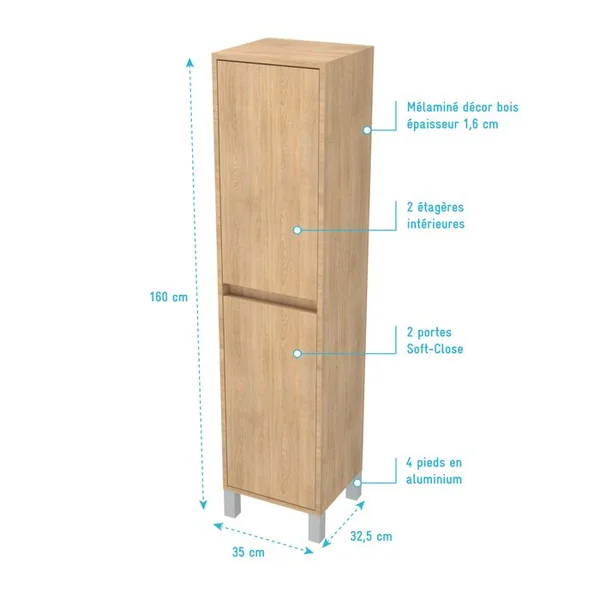 AURLANE Colonne De Rangement Chêne Clair Sur Pieds - Hauteur 160 Cm - 2 Portes - Xenos