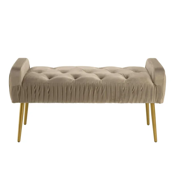 Banc de lit en velours taupe et pieds dorés TIM