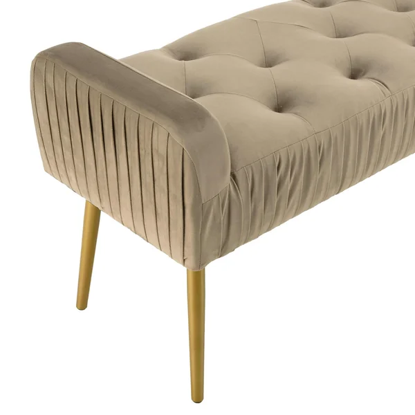 Banc de lit en velours taupe et pieds dorés TIM