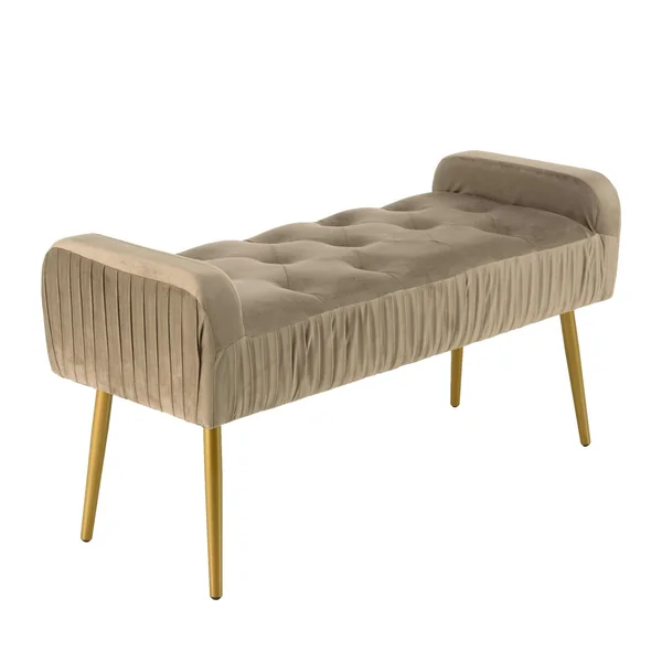 Banc de lit en velours taupe et pieds dorés TIM