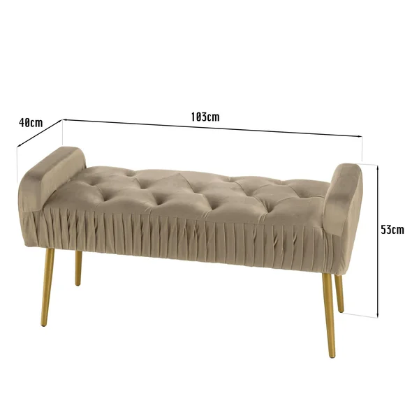Banc de lit en velours taupe et pieds dorés TIM