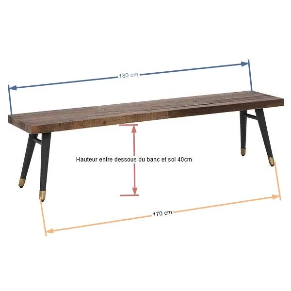 Banc de table bois recyclé piètement effet laiton vieilli 180 cm ADÉLAÏDE