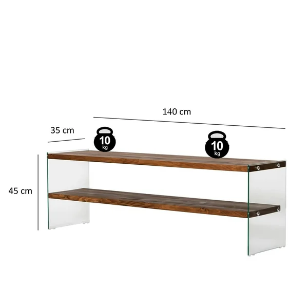 Banc TV en bois brun et verre - 2 niveaux, 140 cm LHASA