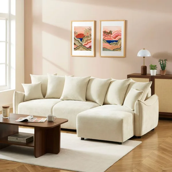 BAÏTA Canapé D'angle Convertible Et Réversible 4 Places Opaline Tissu Beige