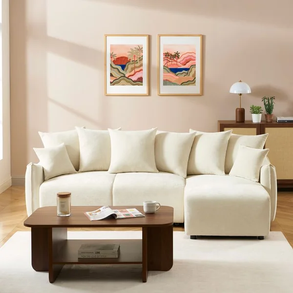 BAÏTA Canapé D'angle Convertible Et Réversible 4 Places Opaline Tissu Beige