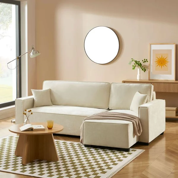 BAÏTA Canapé D'angle Convertible Et Réversible Gavi 4 Places Tissu Beige