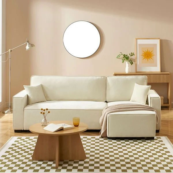 BAÏTA Canapé D'angle Convertible Et Réversible Gavi 4 Places Tissu Beige