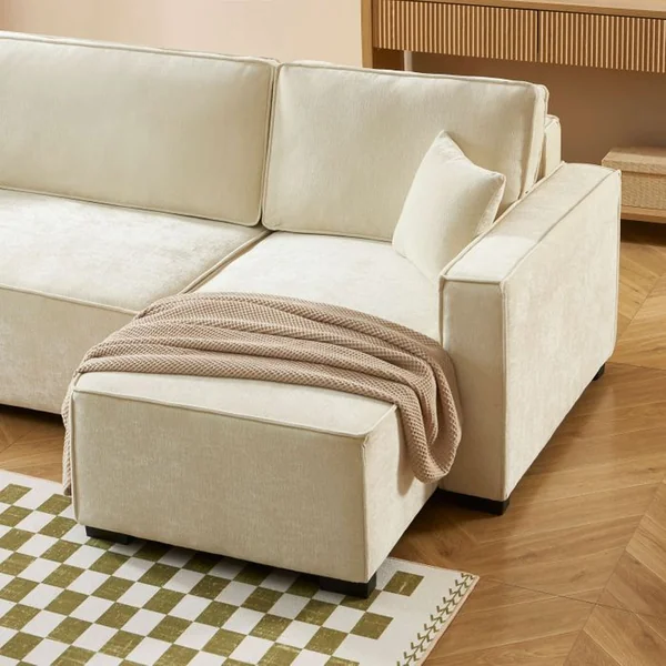BAÏTA Canapé D'angle Convertible Et Réversible Gavi 4 Places Tissu Beige