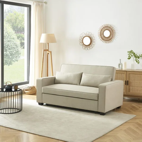BAÏTA Canapé Droit Lena Convertible Tissu Grège 3 Places