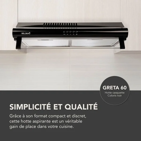 BELDEKO Hotte Casquette / Visière 60 Cm Noir 240 M3/h - 100 Watts - Filtre Inclus