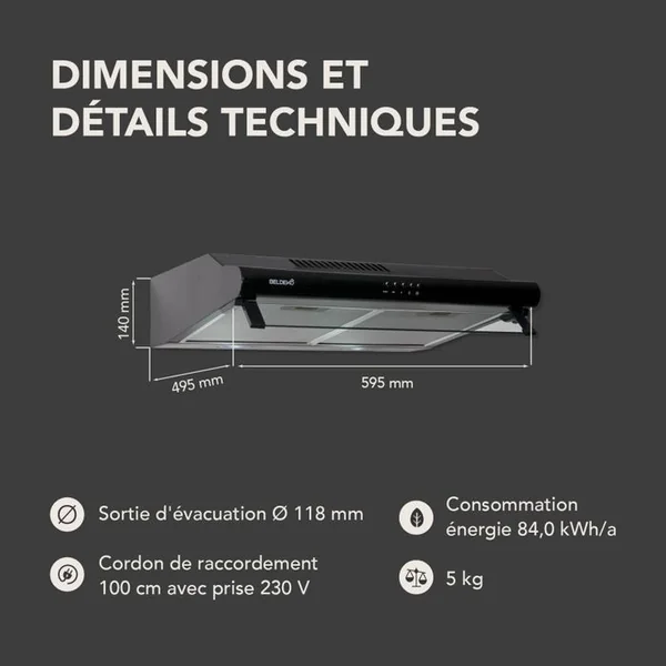 BELDEKO Hotte Casquette / Visière 60 Cm Noir 240 M3/h - 100 Watts - Filtre Inclus