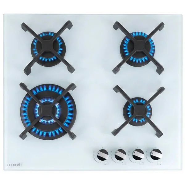 BELDEKO Plaque De Cuisson Gaz 4 Foyers - Verre Blanc Dépoli - Double Couronne 8000 W - 56x48 Cm