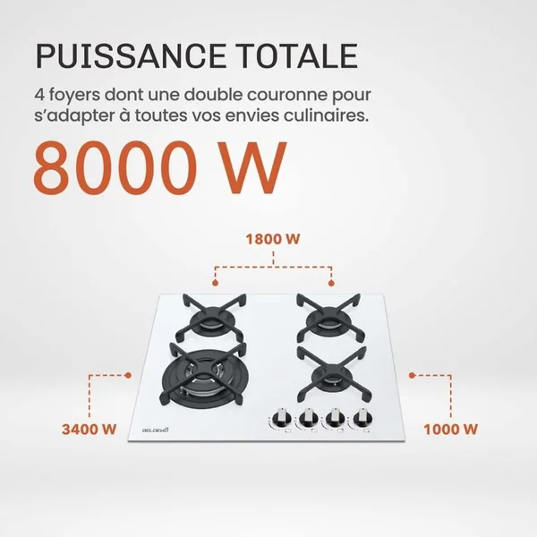 BELDEKO Plaque De Cuisson Gaz 4 Foyers - Verre Blanc Dépoli - Double Couronne 8000 W - 56x48 Cm