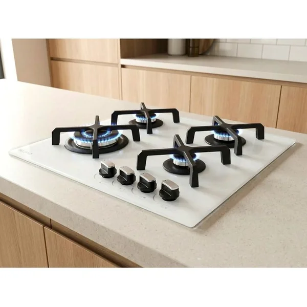 BELDEKO Plaque De Cuisson Gaz 4 Foyers - Verre Blanc Dépoli - Double Couronne 8000 W - 56x48 Cm