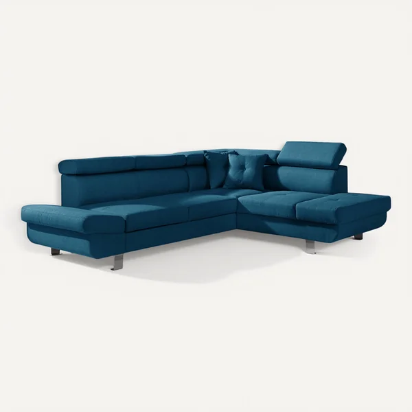 BEST MOBILIER Canapé Angle Droit Convertible 5 Places Lisbona En Tissu Bleu Canard