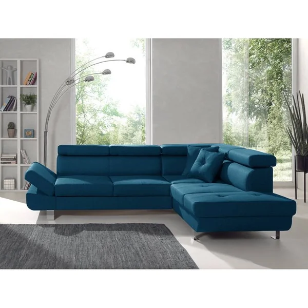 BEST MOBILIER Canapé Angle Droit Convertible 5 Places Lisbona En Tissu Bleu Canard
