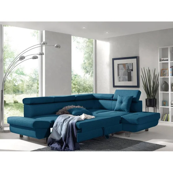 BEST MOBILIER Canapé Angle Droit Convertible 5 Places Lisbona En Tissu Bleu Canard