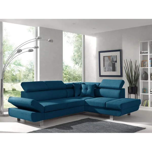 BEST MOBILIER Canapé Angle Droit Convertible 5 Places Lisbona En Tissu Bleu Canard