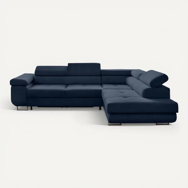 BEST MOBILIER Canapé Angle Droit Convertible 5 Places Zaria En Velours Côtelé Bleu