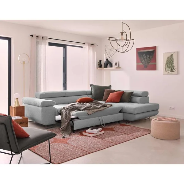 BEST MOBILIER Canapé Angle Droit Convertible 5 Places Zaria En Velours Côtelé Gris Clair
