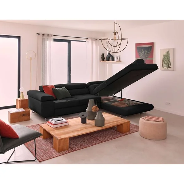 BEST MOBILIER Canapé Angle Droit Convertible 5 Places Zaria En Velours Côtelé Noir